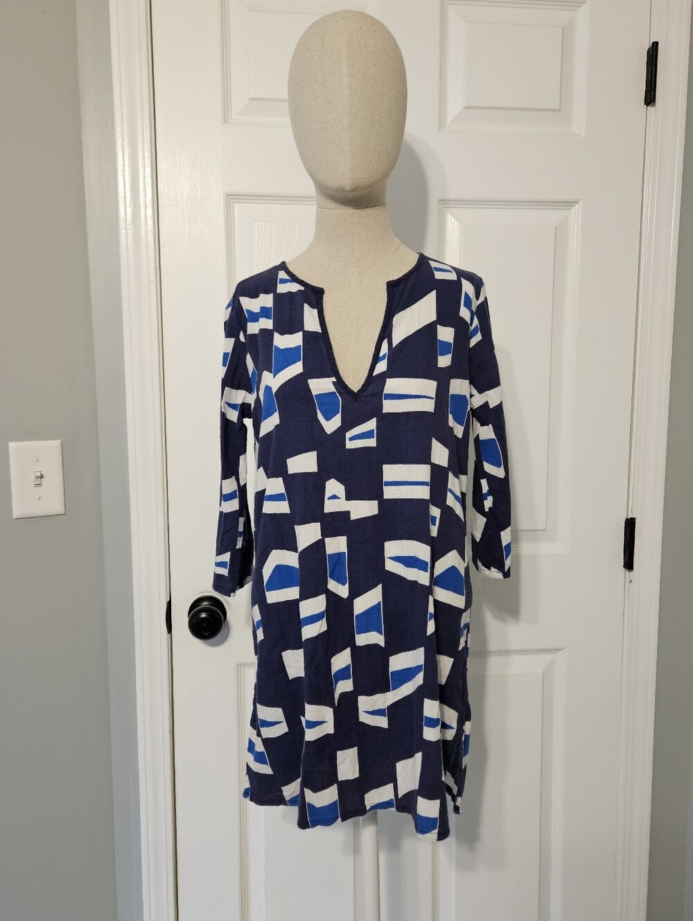 J. Crew Factory Navy, White & Royal Blue Geometric V-Neck Tunic